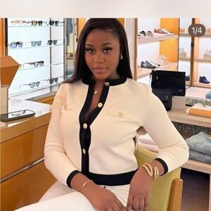 Cream and Black Button-Front Knit Cardigan